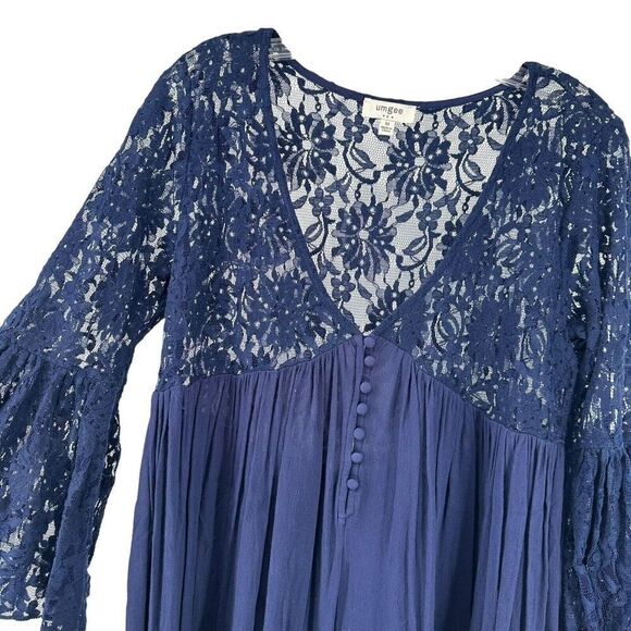 Umgee Lace Tunic Navy Blue Babydoll Bell Sleeve Draped Size M Sheer Boho Top - Picture 3 of 6